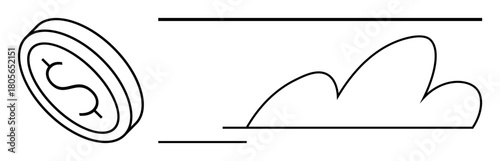 Dollar coin moving through space towards abstract cloud shape, signifying progress, innovation, and financial improvement. Ideal for fintech, cloud banking, investment, success, finance technology