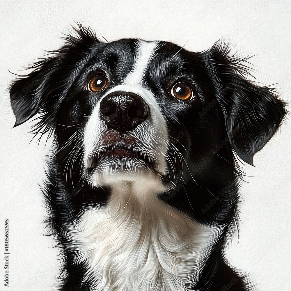 Fototapeta premium Close-up portrait of a black and white dog with soulful brown eyes looking upward, fluffy fur and wet nose conveying curiosity and a hopeful, attentive expression