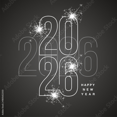 Happy New Year 2026 line silver grey and white shining typography crossover with sparkle firework on black isolated background icon logo