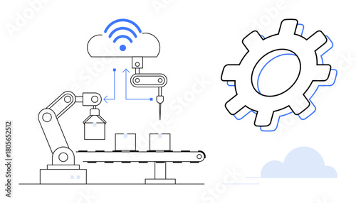 Robotic arm and conveyor belt working with cloud-connected system and gear icon. Ideal for automation, industry 4.0, AI technology, IoT, robotics, innovation manufacturing. Simple flat metaphor