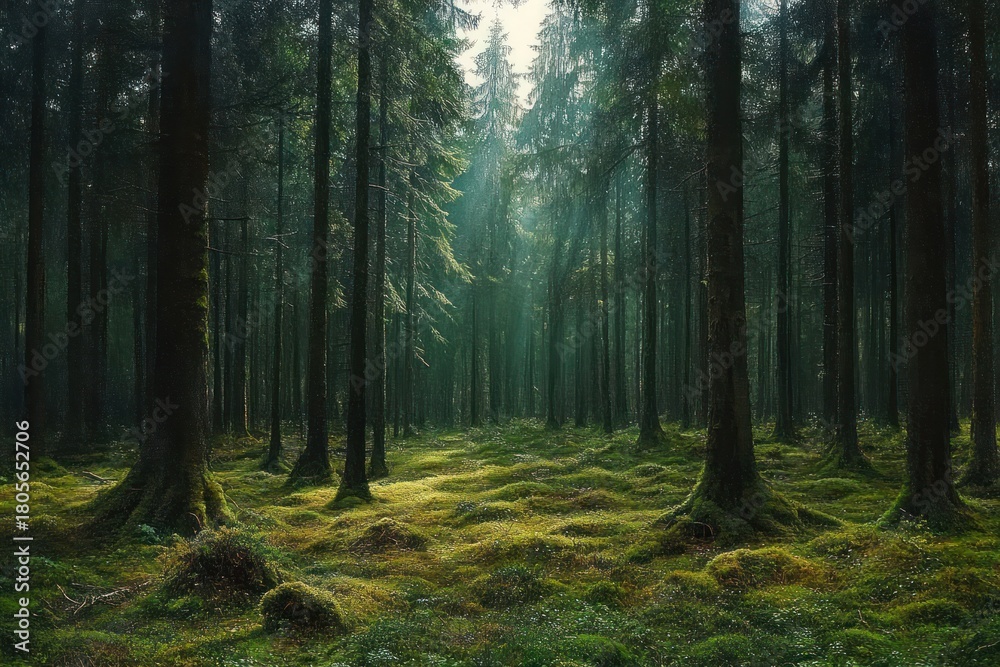 Fototapeta premium Misty sunlit evergreen forest with tall straight trunks and lush mossy floor, peaceful and mysterious atmosphere