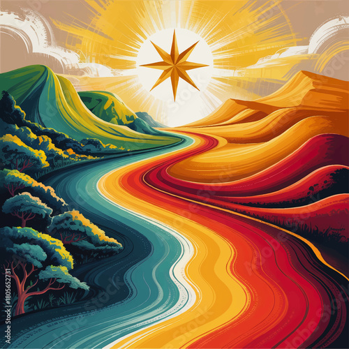 Vibrant surreal landscape with colorful winding river, golden sun starburst and abstract mountains, visionary fantasy nature artwork