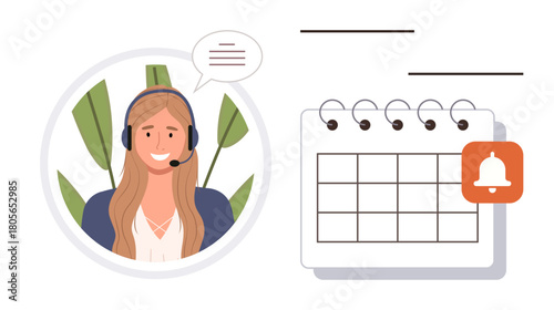 Smiling woman wearing a headset speaking, circular frame with green leaves, calendar and notification alert. Ideal for customer service, scheduling, telecommunication, planning, reminders