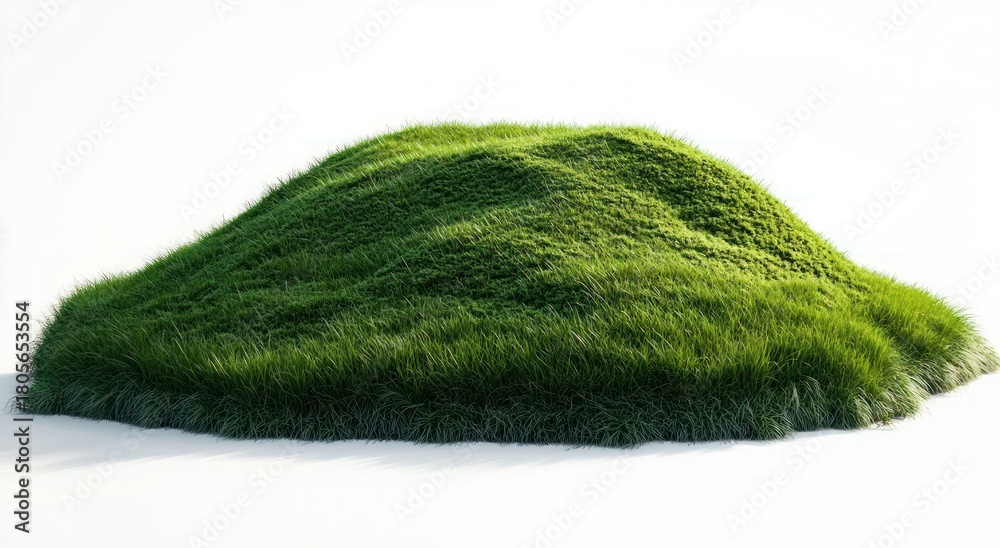 Fototapeta premium lush green grassy mound on white background conveying calm natural serenity