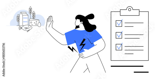 Woman refusing allergen-rich foods thumbs up dairy, fish, and grains while focusing on a food intolerance checklist. Ideal for health, diet, wellness, allergies, nutrition, self-care and food choice