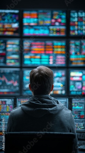 Guardians of the digital realm: a cybersecurity saga unfolds. Market opportunity. In a dark room, an expert analyzes threats on ai-powered systems. Business expansion. Business metrics.