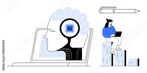 Digital brain with AI chip in laptop, analyst on bar chart with laptop, pen overhead. Ideal for AI innovation, technology learning, data analysis, business strategy, education, leadership