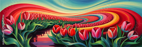 Vibrant tulip field landscape with swirling colorful sky and river, surreal spring floral illustration, panoramic fantasy art
