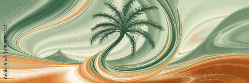 Surreal desert landscape with palm tree and flowing sand dunes, abstract teal and orange wavy background illustration