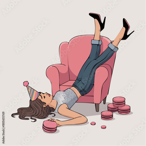 afterparty collapse in pink armchair sparkly top macarons and heels playful lifestyle scene