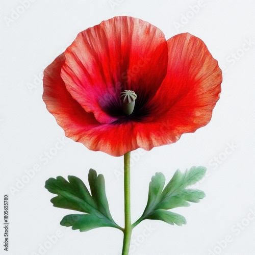 Single red poppy with delicate translucent petals, central seed capsule, green stem and lobed leaves on a clean white background, evoking serenity and graceful beauty