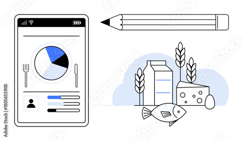 Nutrition app interface showing dietary data, pencil for noting goals, food items thumbs up fish, cheese, milk, egg, wheat. Ideal for health, wellness diet tracking food education meal planning