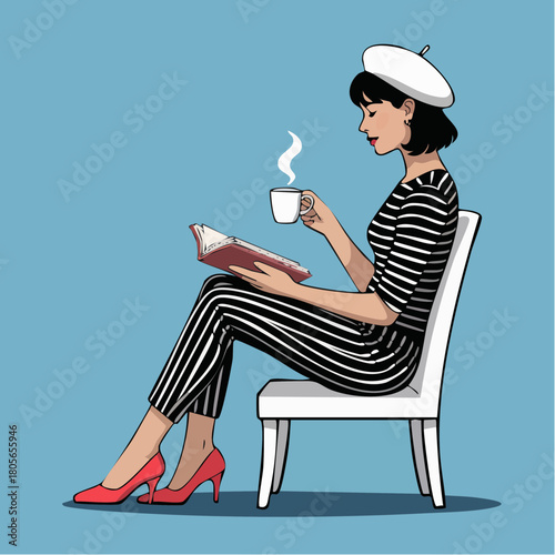 leisurely beret reader in stripes with red heels and steaming cup on blue stage