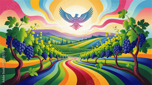 Colorful vineyard landscape with flying bird, surreal rainbow fields, grape vines and sunrise over rolling hills, vector illustration