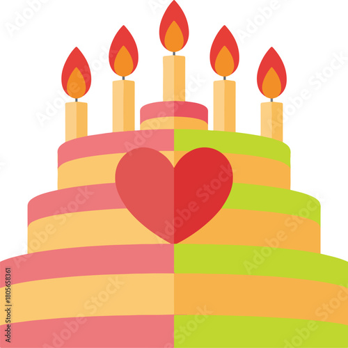''Colorful vector birthday cake with five burning candles and a prominent heart decoration for celebrations''