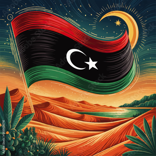 Libya national flag waving over desert dunes and oasis at night, crescent moon and star in starry sky, colorful vector illustration