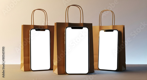 Three Modern Smartphones with Blank White Screens Standing Near Brown Paper Shopping Bags for Mobile App Design Presentation E Commerce Marketing and Retail Promotion High Resolution Studio Shot