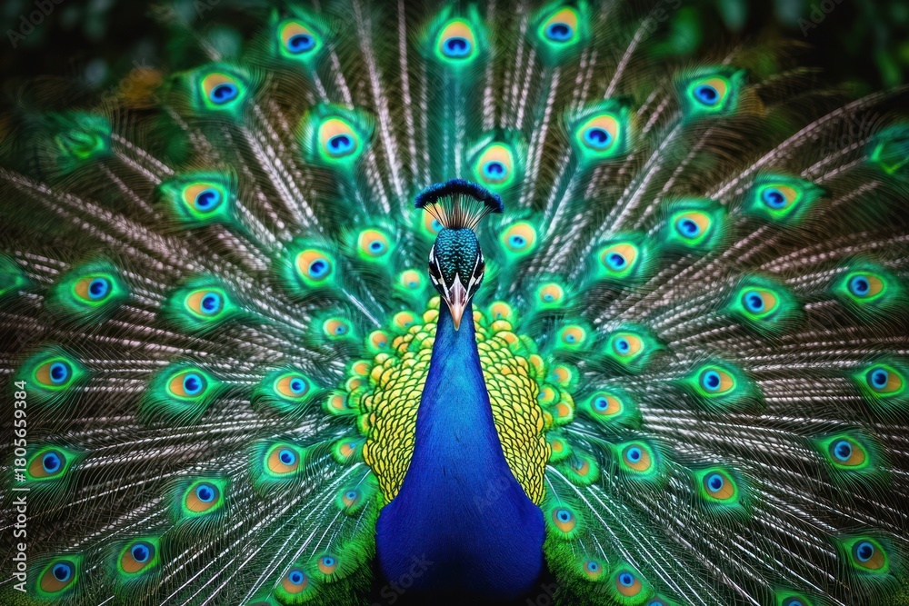 Obraz premium Majestic peacock with iridescent blue and green plumage displaying a full fanned tail of eye-spotted feathers, facing forward with a proud regal gaze