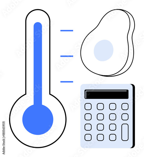 Thermometer, avocado, and calculator represent health measurement, diet tracking, mathematics, and analysis. Ideal for health, nutrition, education finance science technology and statistics