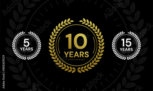 5 years, 10 years, 15 years anniversary badge logo design. Elegant celebration anniversary emblem set.