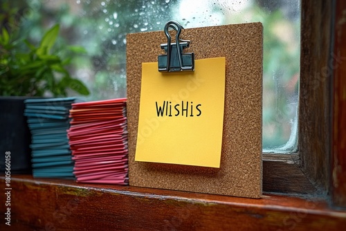 Wallpaper Mural yellow note reading wlishis clipped to a cork board on a rainy wooden windowsill beside stacked colorful envelopes and a potted plant, cozy hopeful mood Torontodigital.ca