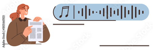 Woman holding a paper, engaging with textual and auditory content, visualized by a soundwave and music note. Ideal for multitasking, education, media, entertainment, communication, creativity