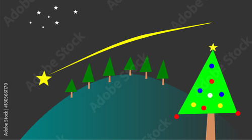 Vector landscape of a shooting star and a Christmas tree