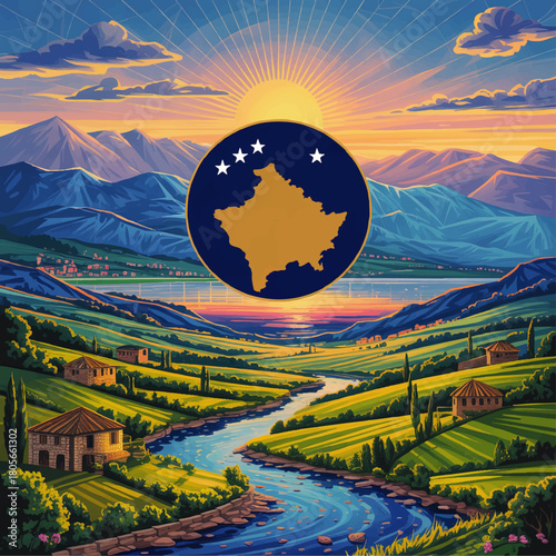 Kosovo sunrise landscape illustration with river valley, mountains and national map emblem, vibrant Balkan travel and tourism art