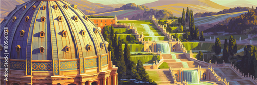 Sunset over grand baroque dome and cascading palace gardens, elegant fountains and terraces in Mediterranean landscape illustration