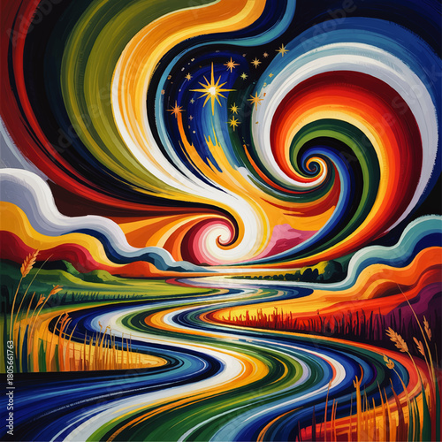 Vibrant abstract landscape with swirling rainbow sky, winding river and cosmic stars, colorful expressionist nature artwork
