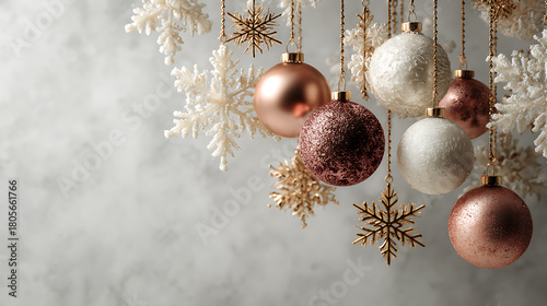 Elegant Christmas background with rose gold ornaments and white snowflakes hanging on soft marble surface