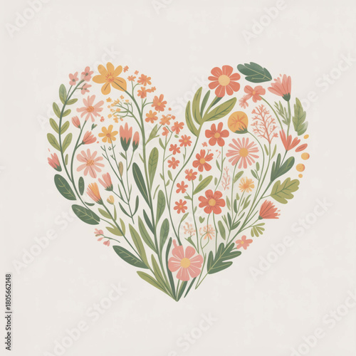Floral Heart's Embrace: An exquisite heart-shaped floral arrangement, showcasing the vibrant blooms of wildflowers and foliage, a symbol of love and serenity.