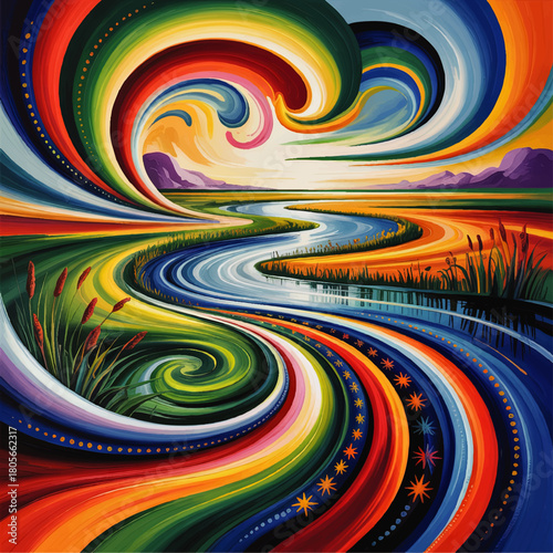 Vivid abstract river landscape with colorful swirling sky and flowing curves, modern psychedelic nature painting artwork