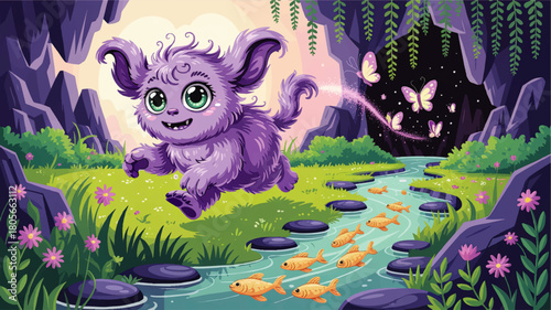 Cute purple fantasy monster running by magical river with butterflies, goldfish and flowers in enchanted cartoon forest