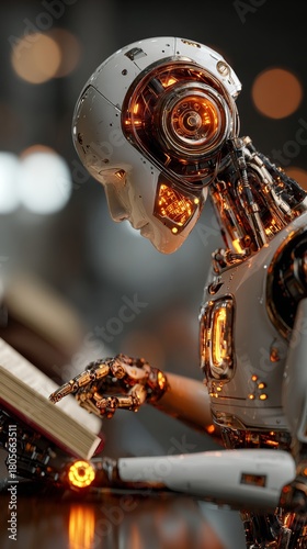 Fototapeta Naklejka Na Ścianę i Meble -  The symbiosis of technology and learning in a futuristic era. Futuristic technology. Futuristic robot absorbing knowledge in a high-tech learning space. Ai integration. Tech collaboration.