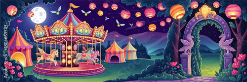 Enchanted night carnival with glowing carousel, fantasy tents and magical garden gate under lanterns and full moon illustration