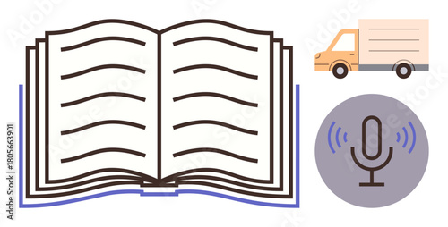 Open book with text lines, delivery truck, and microphone, representing education, logistics, and audio communication. Ideal for e-learning, publishing, transportation media broadcasting knowledge