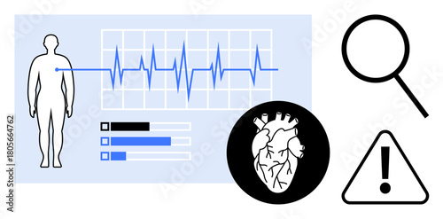 Human outline with heart and ECG graph, magnifying glass, and warning sign. Ideal for healthcare, cardiology, data analysis, medical research, fitness prevention diagnostics. Simple flat metaphor