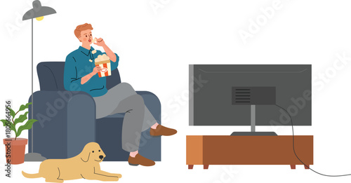 Cozy Evening Man and Dog Enjoying TV Time with Popcorn
