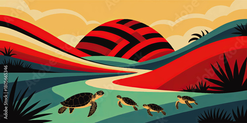 Vibrant tropical landscape illustration with sea turtles, abstract sunset hills, winding river and bold colorful geometric shapes