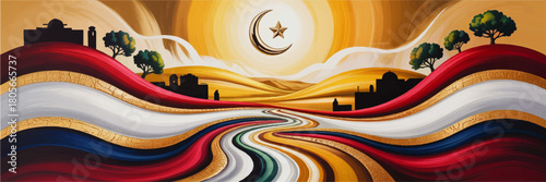 Islamic crescent moon and star over colorful abstract desert landscape with mosque silhouettes and flowing golden waves illustration