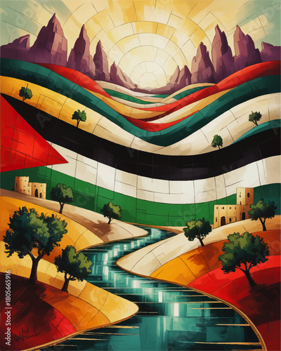 Vibrant abstract desert landscape with river, colorful hills, Palestinian flag waves, sunrise and mountains illustration