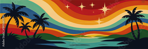 Retro tropical sunset landscape with palm tree silhouettes, colorful rainbow sky waves and shining stars over tranquil ocean bay