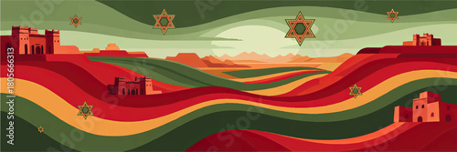Colorful Moroccan desert landscape illustration with kasbahs, Atlas mountains and abstract waving hills at sunset