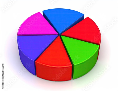 Colorful, 3D pie chart with six unequal segments