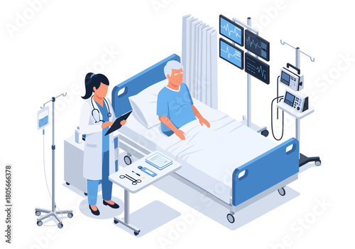 An isometric vector illustration of a female doctor attending to an elderly patient in a hospital bed, surrounded by vital signs monitors and medical equipment in a modern clinical healthcare setting