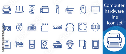 Computer hardware line icon set, computer, laptop, monitor, CPU, GPU, motherboard, RAM, SSD, HDD, power supply, cooling fan, heat sink, mouse, touchpad, printer and more