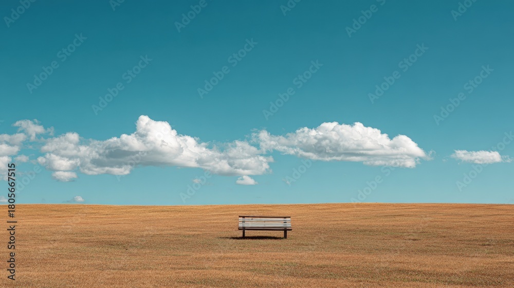 Obraz premium Solitary Bench Under Azure Sky and Fluffy Clouds, Minimalist Landscape.