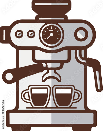 Espresso machine vector with two coffee cups and a pressure gauge, ideal for cafe branding