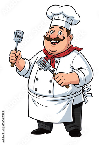 a male chef holding a spatula in both hands wearing a chef's suit ready to start cooking